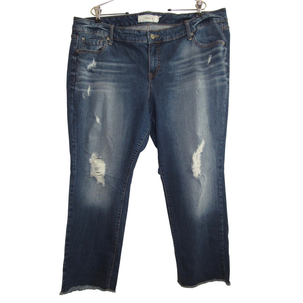 Torrid Crop Jeans‎ Womens Sz 22 Distressed Fringe Hem Mid Rise Stretch